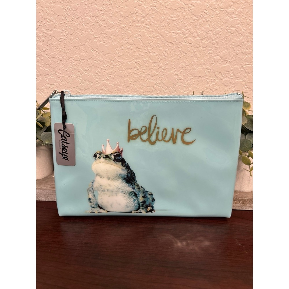 Catseye London 'Believe' small cosmetic makeup pouch in light blue with a frog